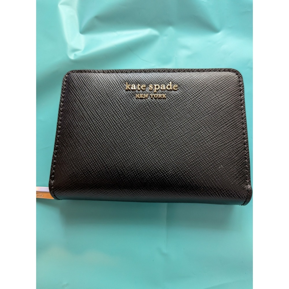 Kate Spade New York Black Saffiano Leather Zip Around Compact Wallet Gold Logo